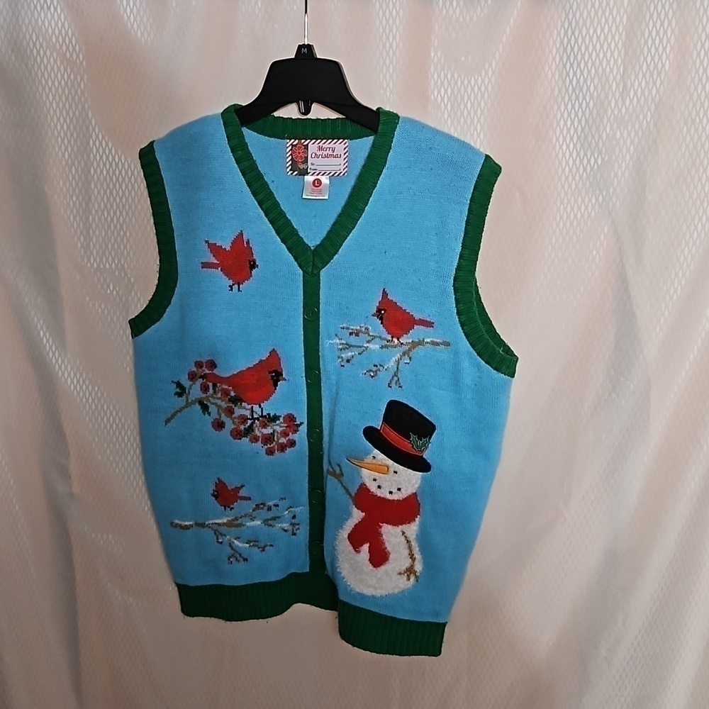 Ugly Christmas V Neck Sweater Vest sz L Blue Green Red Pre-owned